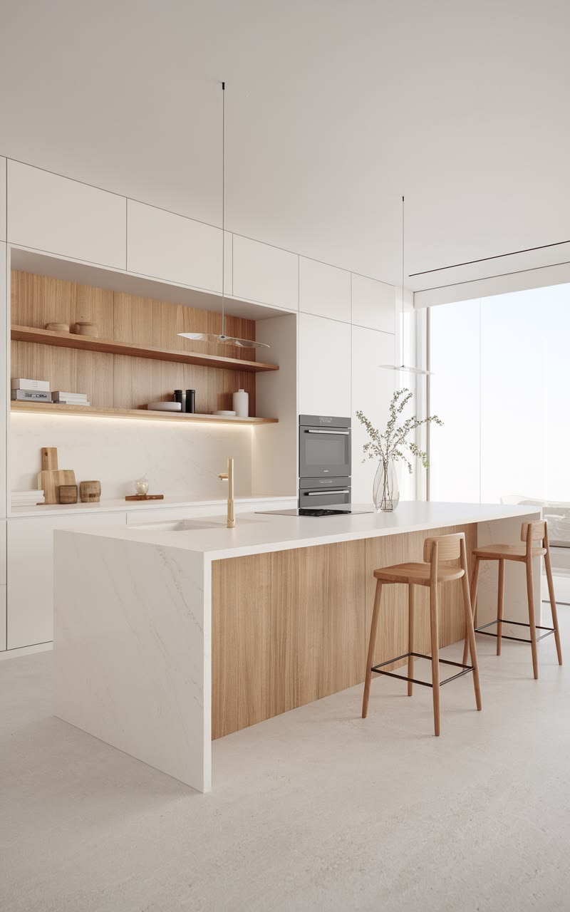 Residential interior fit-out with oak flooring and kitchenette